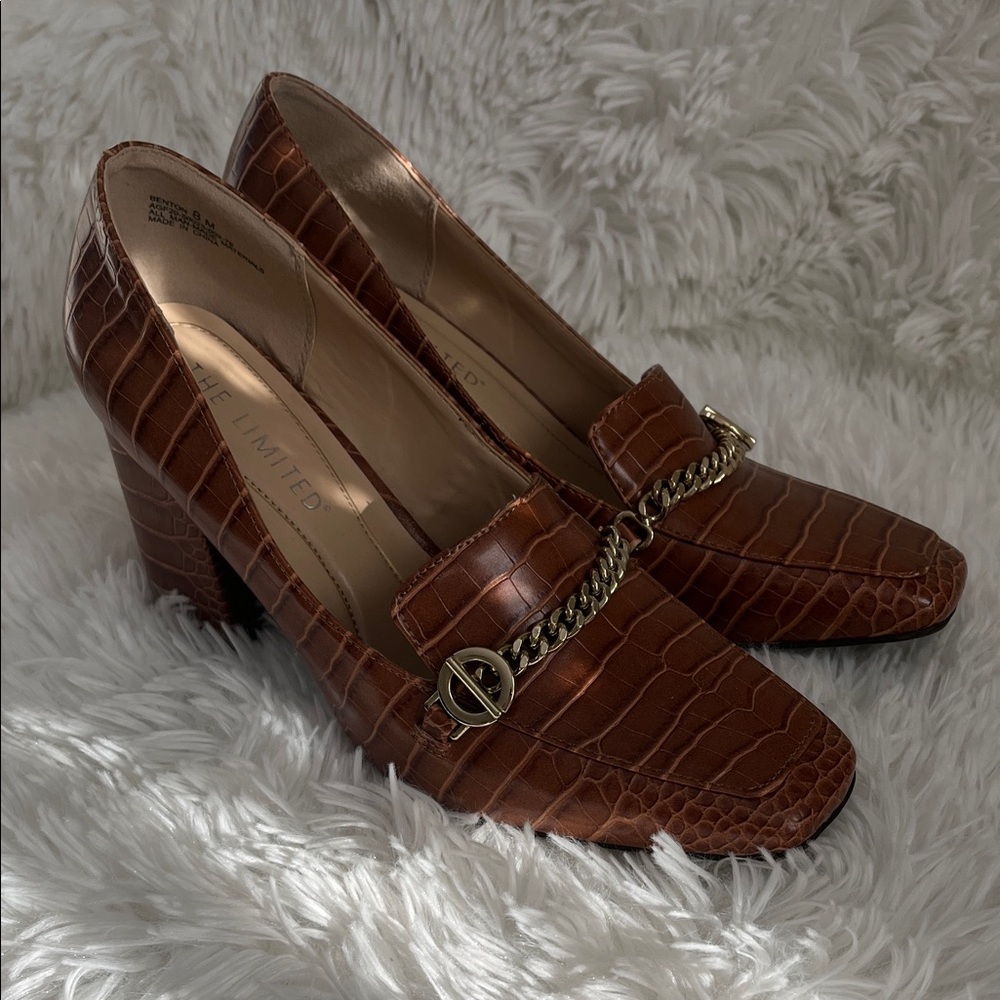 The Limited Brown Croc-Patterned Loafers with Gold Chain